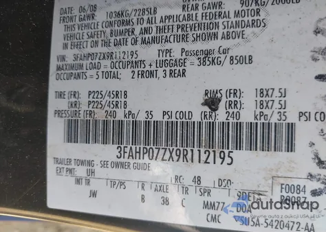 2009 Ford Fusion Se z USA, uszkodzony, nr VIN 3FAHP07ZX9R112195